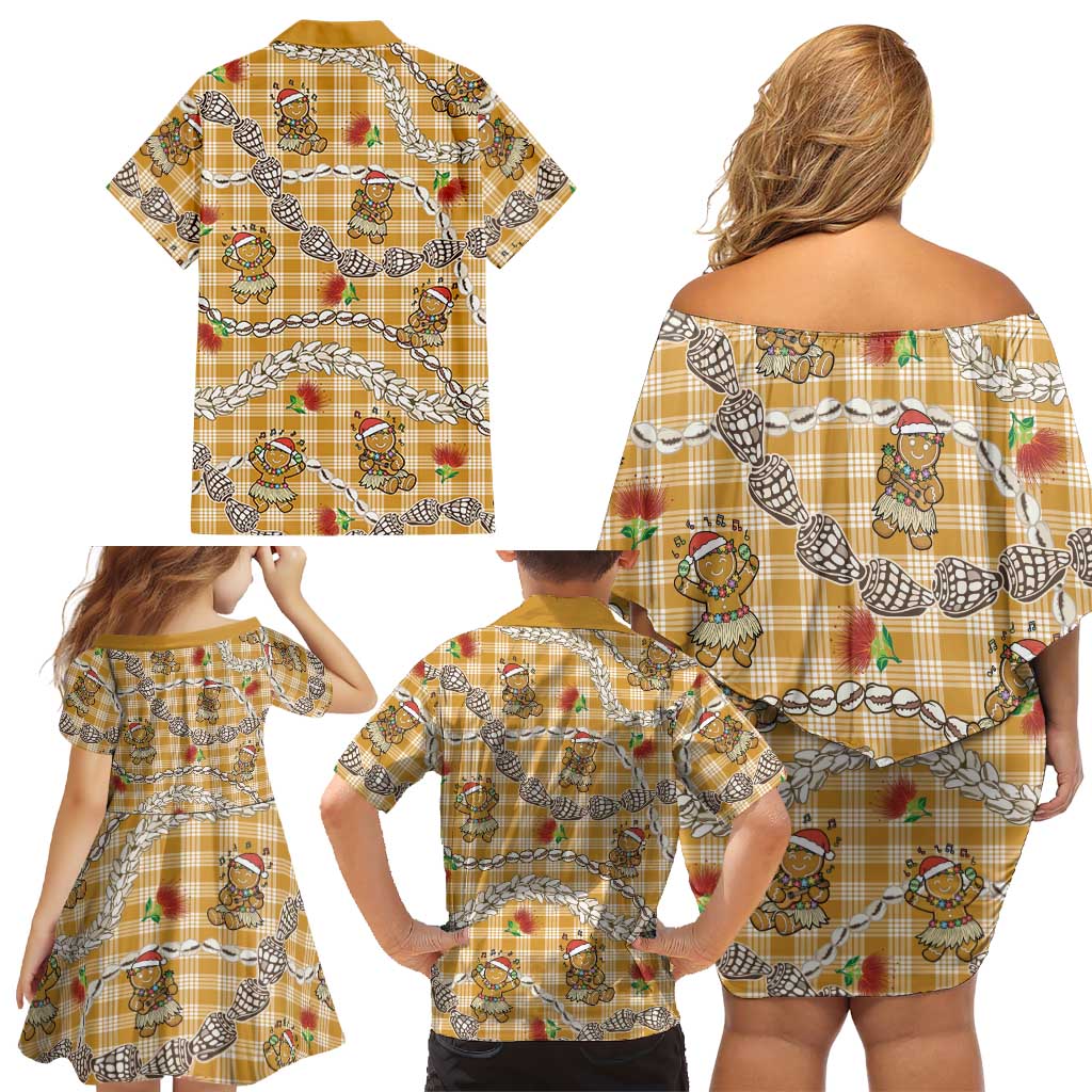 Gold Palaka Hawaii Mele Kalikimaka Family Matching Off Shoulder Short Dress and Hawaiian Shirt Ohia Lehua Shell Leis Funny Gingerbread Santa LT14 - Polynesian Pride