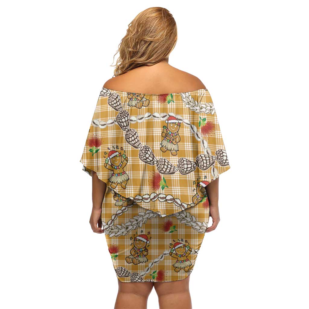 Gold Palaka Hawaii Mele Kalikimaka Family Matching Off Shoulder Short Dress and Hawaiian Shirt Ohia Lehua Shell Leis Funny Gingerbread Santa LT14 - Polynesian Pride
