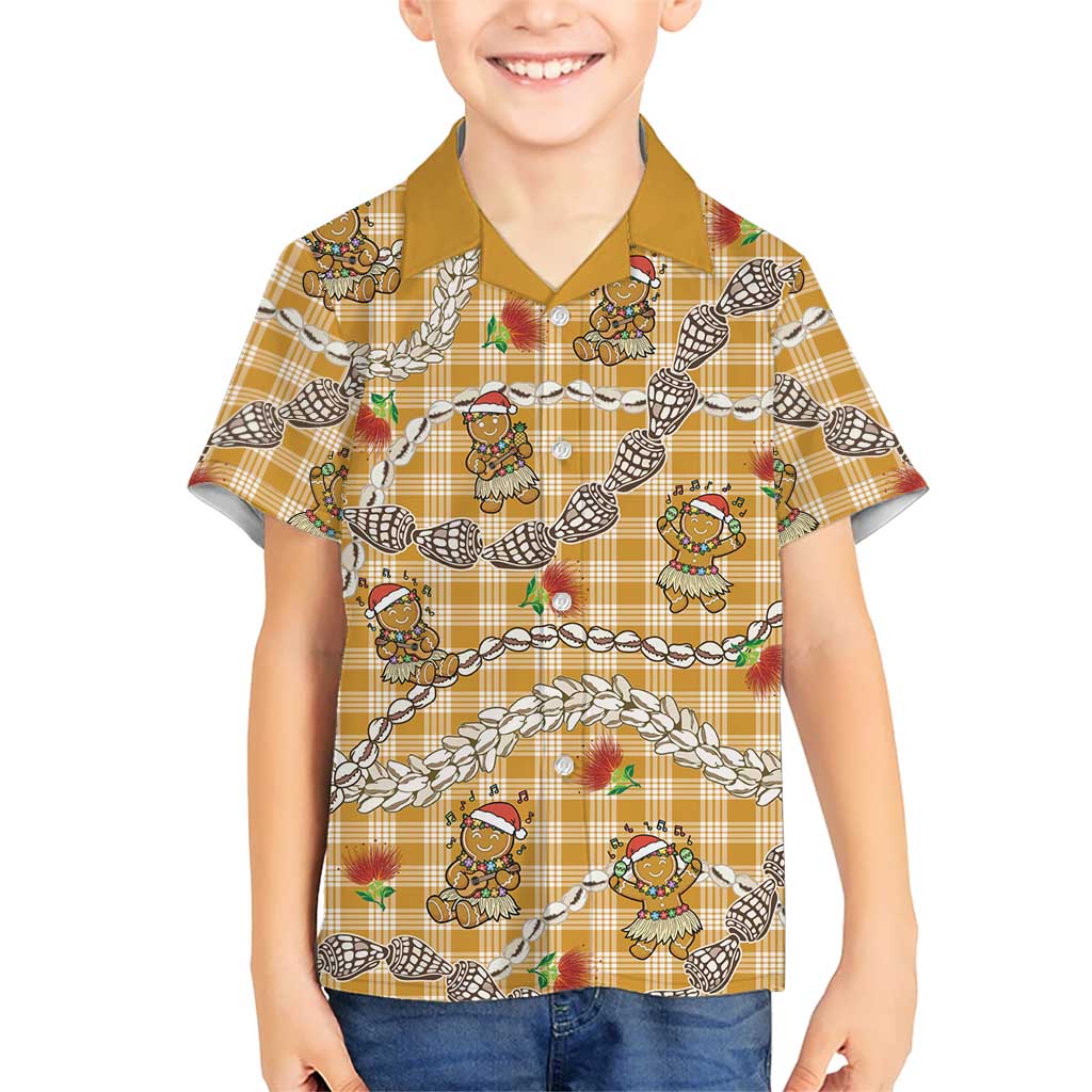 Gold Palaka Hawaii Mele Kalikimaka Family Matching Off Shoulder Short Dress and Hawaiian Shirt Ohia Lehua Shell Leis Funny Gingerbread Santa LT14 - Polynesian Pride