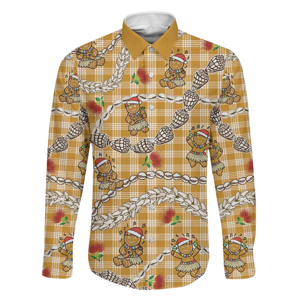 Gold Palaka Hawaii Mele Kalikimaka Family Matching Puletasi and Hawaiian Shirt Ohia Lehua Shell Leis Funny Gingerbread Santa LT14 Dad's Shirt - Long Sleeve Gold - Polynesian Pride