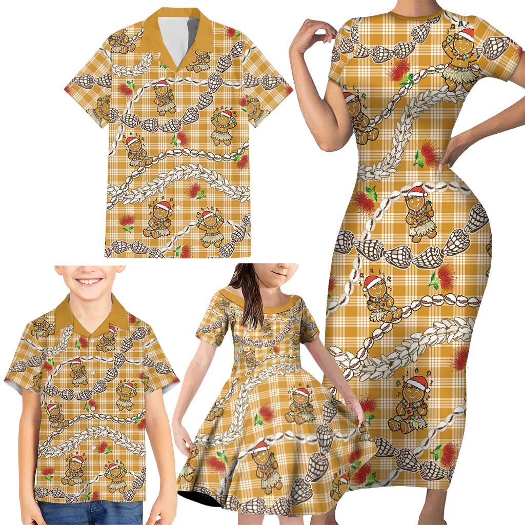 Gold Palaka Hawaii Mele Kalikimaka Family Matching Short Sleeve Bodycon Dress and Hawaiian Shirt Ohia Lehua Shell Leis Funny Gingerbread Santa - Polynesian Pride