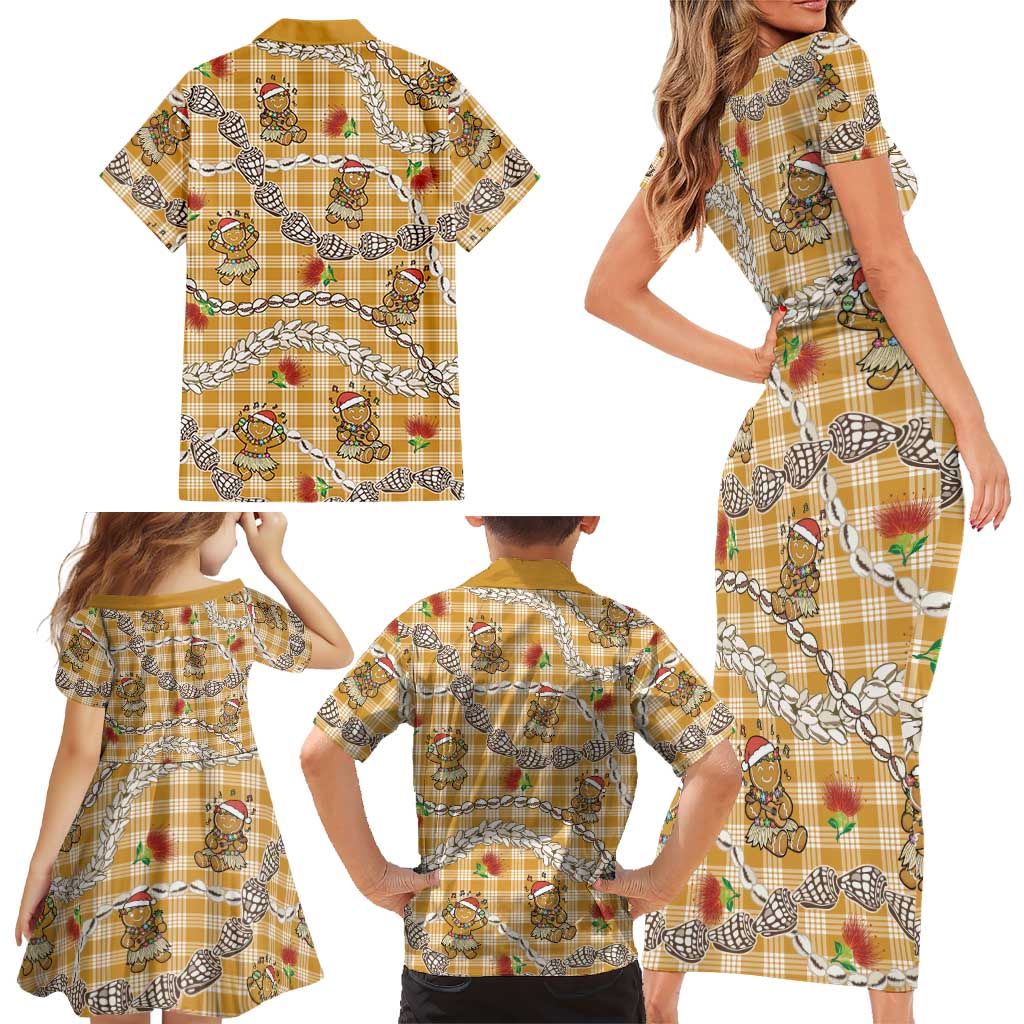 Gold Palaka Hawaii Mele Kalikimaka Family Matching Short Sleeve Bodycon Dress and Hawaiian Shirt Ohia Lehua Shell Leis Funny Gingerbread Santa LT14 - Polynesian Pride