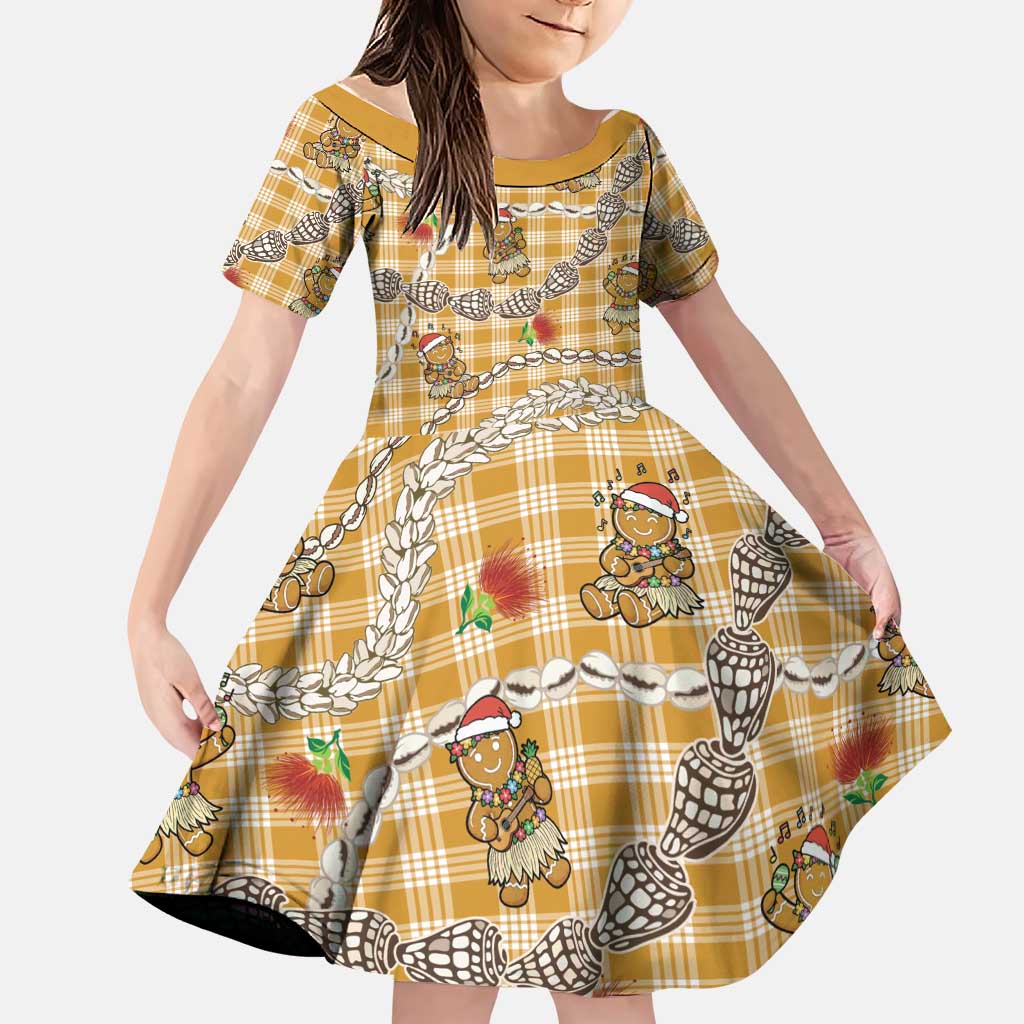 Gold Palaka Hawaii Mele Kalikimaka Family Matching Summer Maxi Dress and Hawaiian Shirt Ohia Lehua Shell Leis Funny Gingerbread Santa LT14 Daughter's Dress Gold - Polynesian Pride