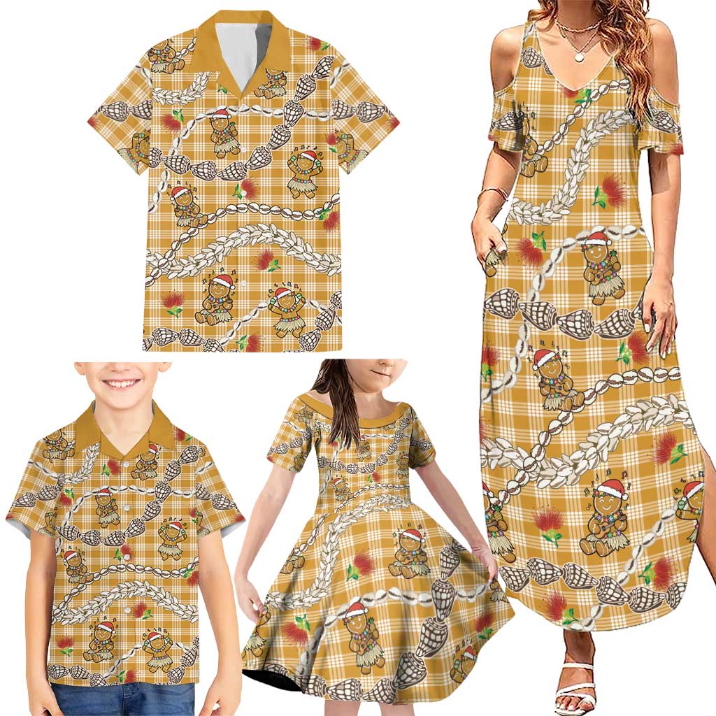 Gold Palaka Hawaii Mele Kalikimaka Family Matching Summer Maxi Dress and Hawaiian Shirt Ohia Lehua Shell Leis Funny Gingerbread Santa - Polynesian Pride