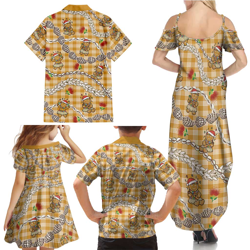 Gold Palaka Hawaii Mele Kalikimaka Family Matching Summer Maxi Dress and Hawaiian Shirt Ohia Lehua Shell Leis Funny Gingerbread Santa LT14 - Polynesian Pride