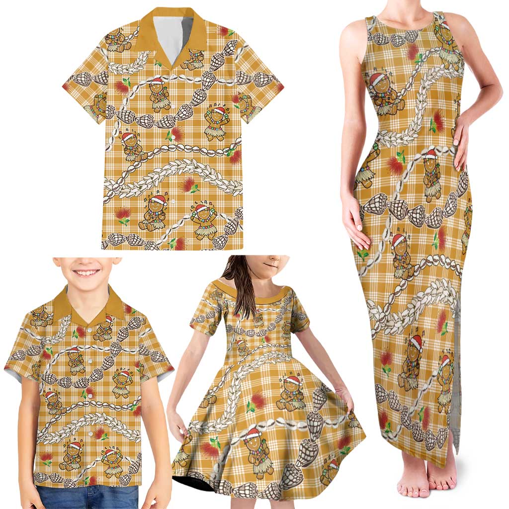Gold Palaka Hawaii Mele Kalikimaka Family Matching Tank Maxi Dress and Hawaiian Shirt Ohia Lehua Shell Leis Funny Gingerbread Santa LT14 - Polynesian Pride