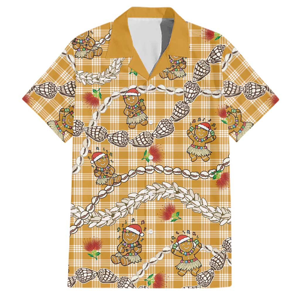Gold Palaka Hawaii Mele Kalikimaka Family Matching Tank Maxi Dress and Hawaiian Shirt Ohia Lehua Shell Leis Funny Gingerbread Santa LT14 Dad's Shirt - Short Sleeve Gold - Polynesian Pride