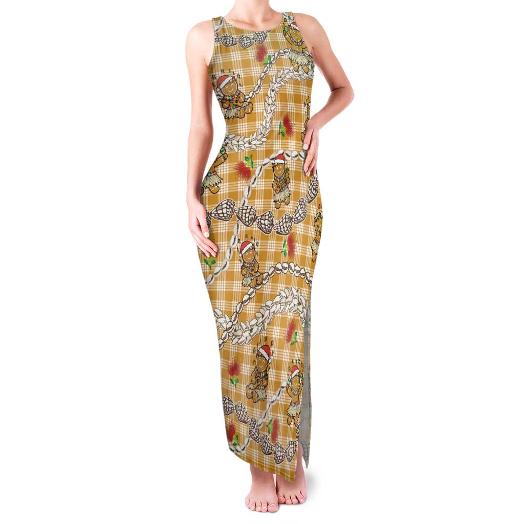 Gold Palaka Hawaii Mele Kalikimaka Family Matching Tank Maxi Dress and Hawaiian Shirt Ohia Lehua Shell Leis Funny Gingerbread Santa LT14 Gold - Polynesian Pride