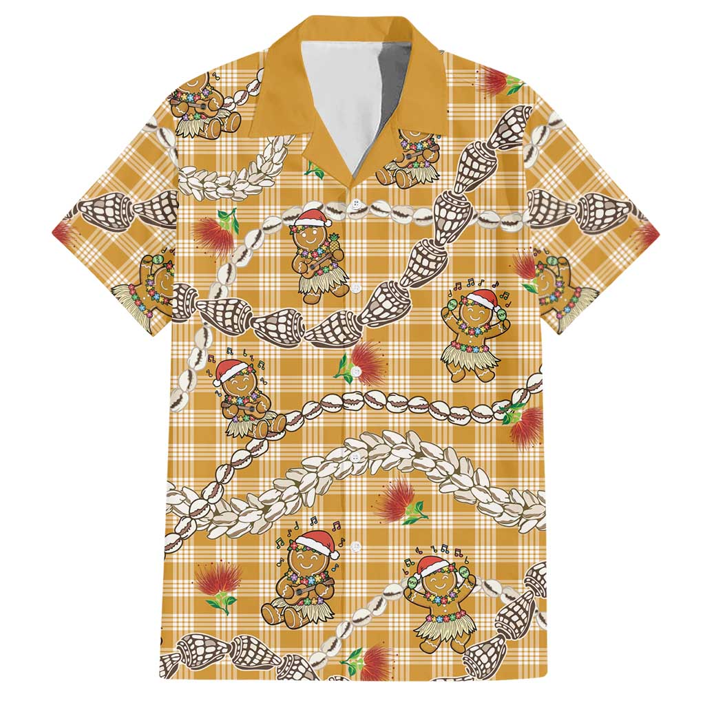 Gold Palaka Hawaii Mele Kalikimaka Hawaiian Shirt Ohia Lehua Shell Leis Funny Gingerbread Santa - Polynesian Pride