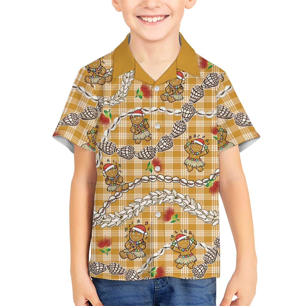 Gold Palaka Hawaii Mele Kalikimaka Hawaiian Shirt Ohia Lehua Shell Leis Funny Gingerbread Santa LT14 - Polynesian Pride