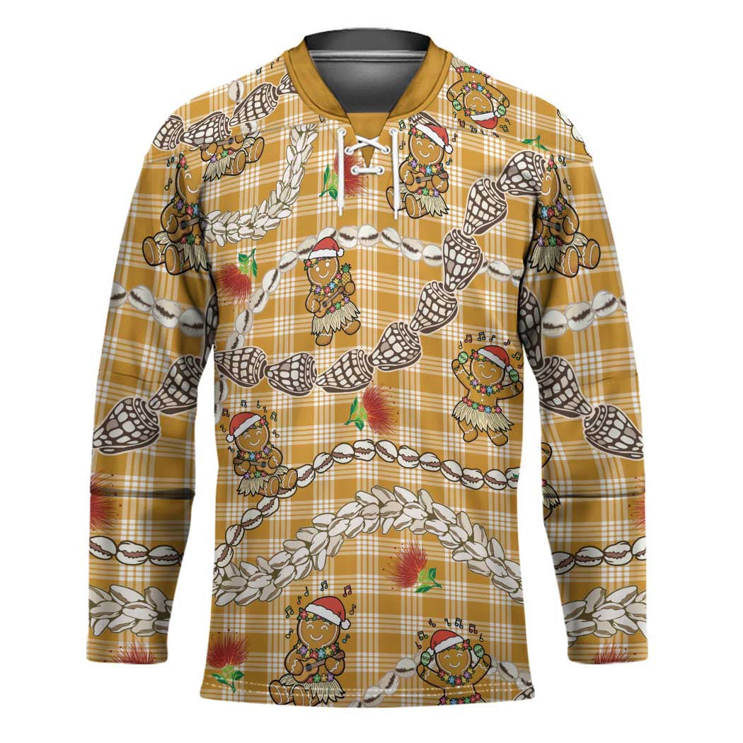 Gold Palaka Hawaii Mele Kalikimaka Hockey Jersey Ohia Lehua Shell Leis Funny Gingerbread Santa LT14 Unisex Gold - Polynesian Pride