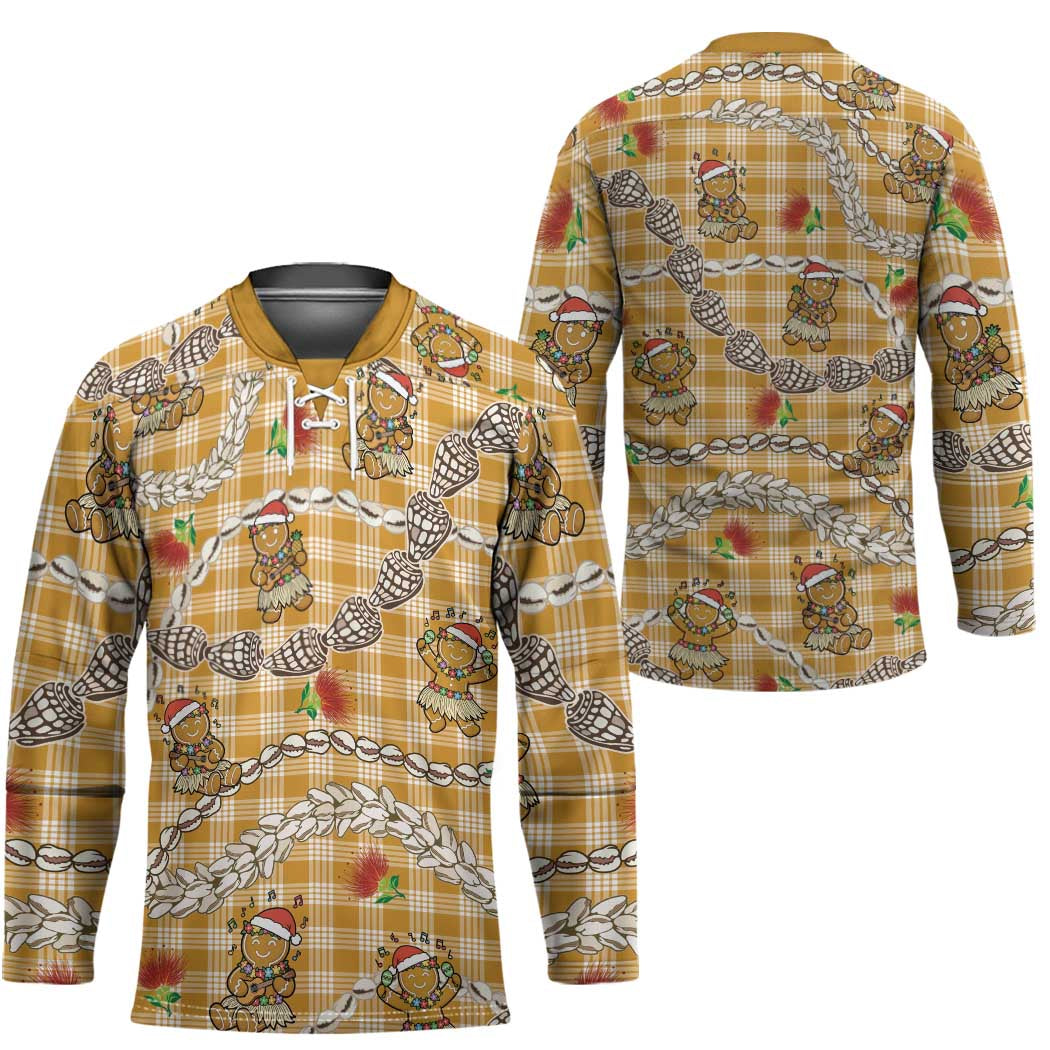 Gold Palaka Hawaii Mele Kalikimaka Hockey Jersey Ohia Lehua Shell Leis Funny Gingerbread Santa LT14 - Polynesian Pride