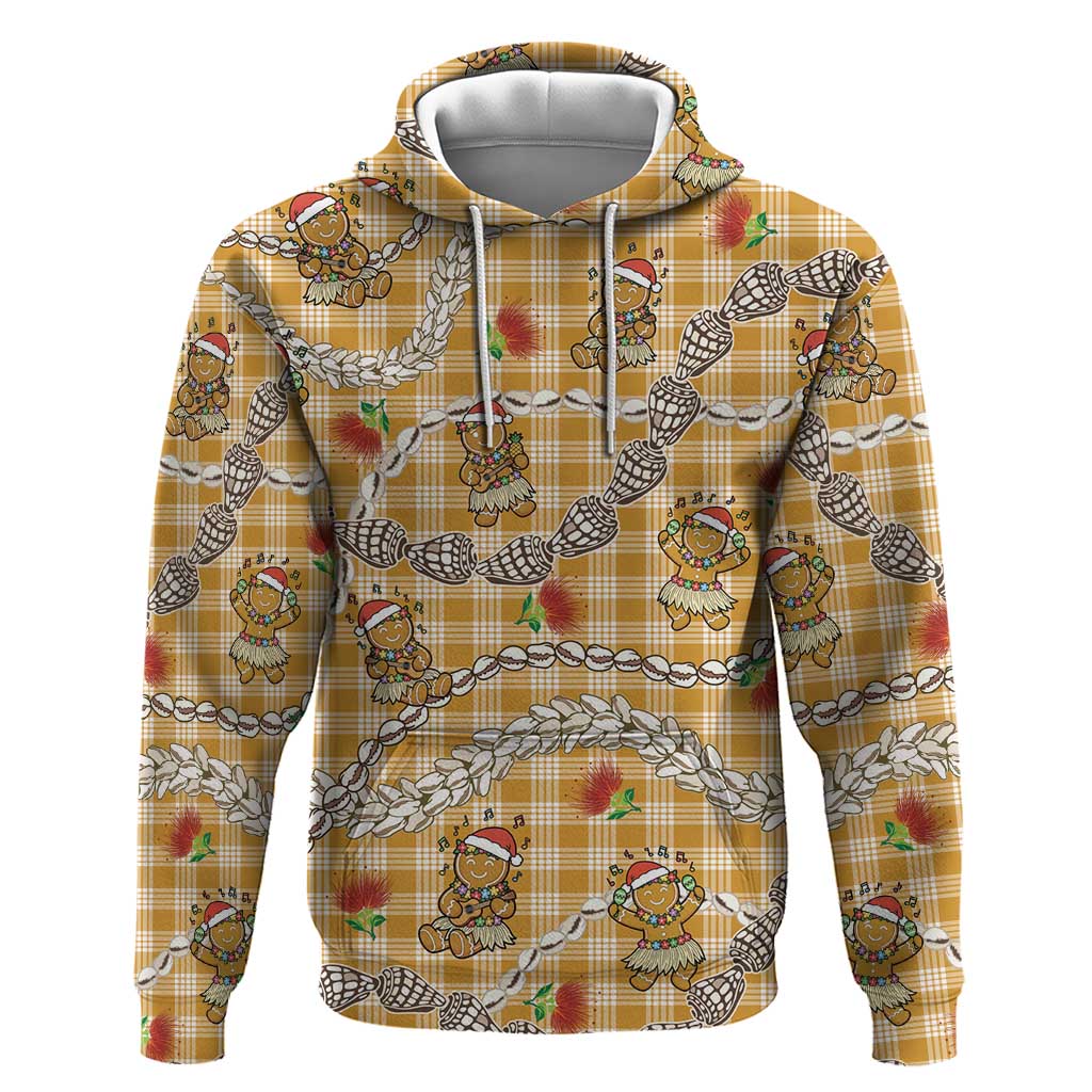Gold Palaka Hawaii Mele Kalikimaka Hoodie Ohia Lehua Shell Leis Funny Gingerbread Santa LT14 Pullover Hoodie Gold - Polynesian Pride