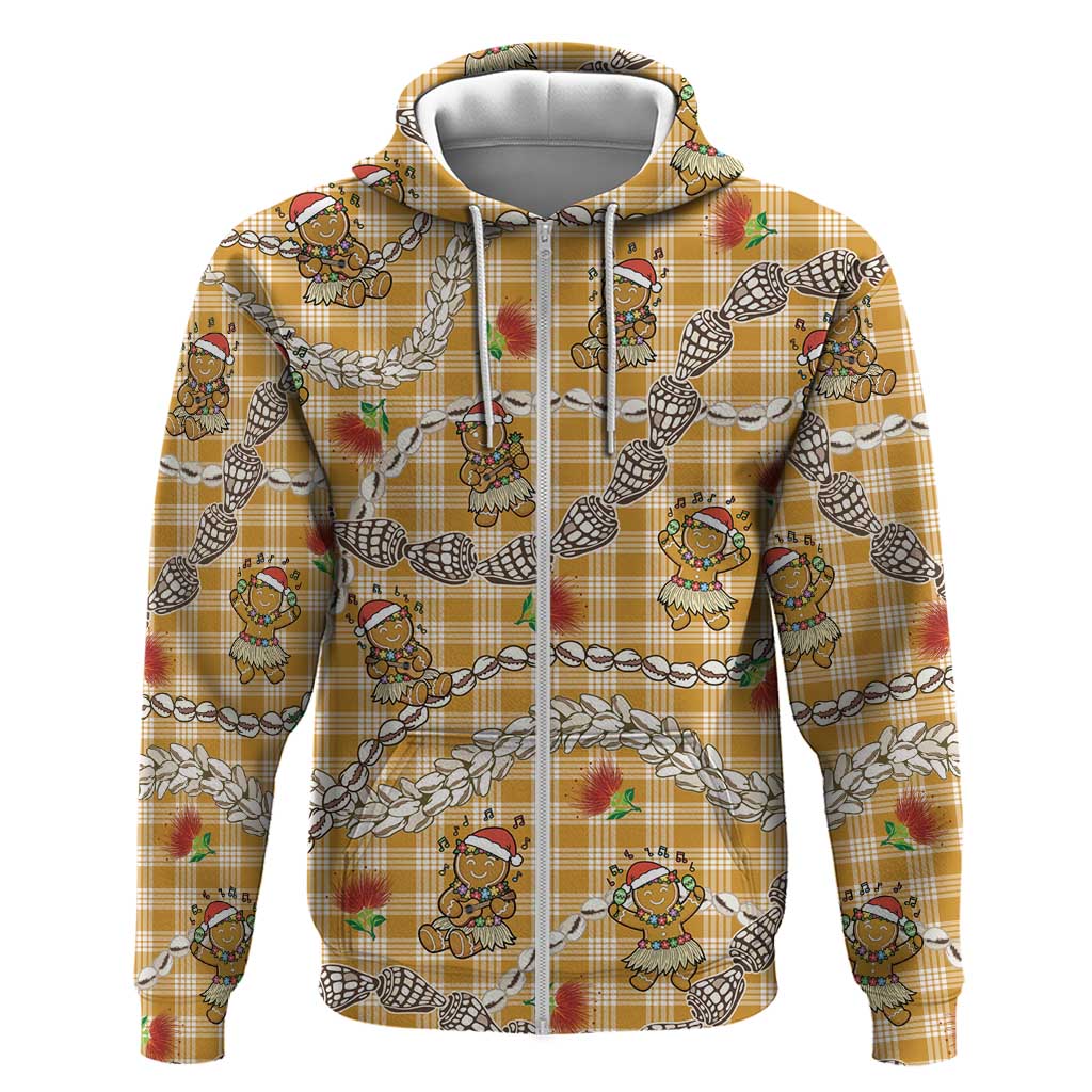 Gold Palaka Hawaii Mele Kalikimaka Hoodie Ohia Lehua Shell Leis Funny Gingerbread Santa LT14 Zip Hoodie Gold - Polynesian Pride
