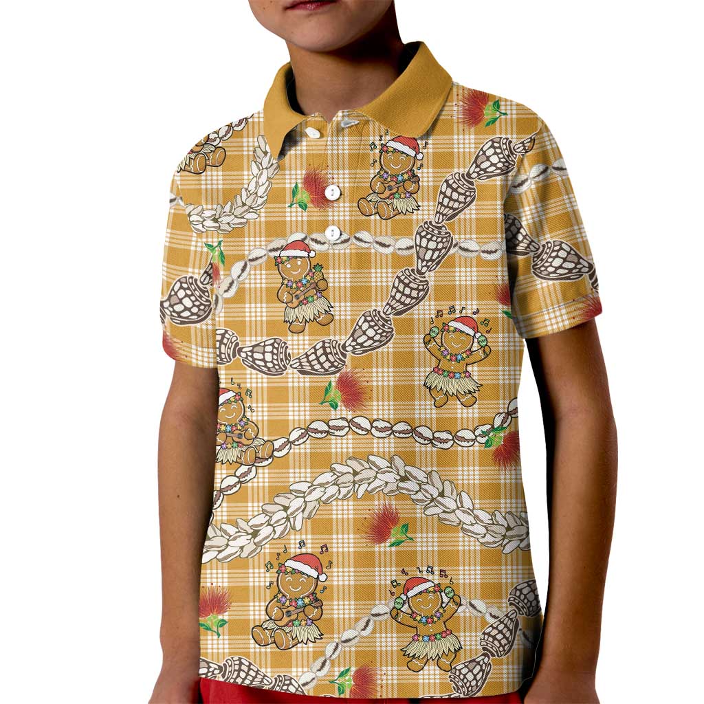 Gold Palaka Hawaii Mele Kalikimaka Kid Polo Shirt Ohia Lehua Shell Leis Funny Gingerbread Santa LT14 Kid Gold - Polynesian Pride