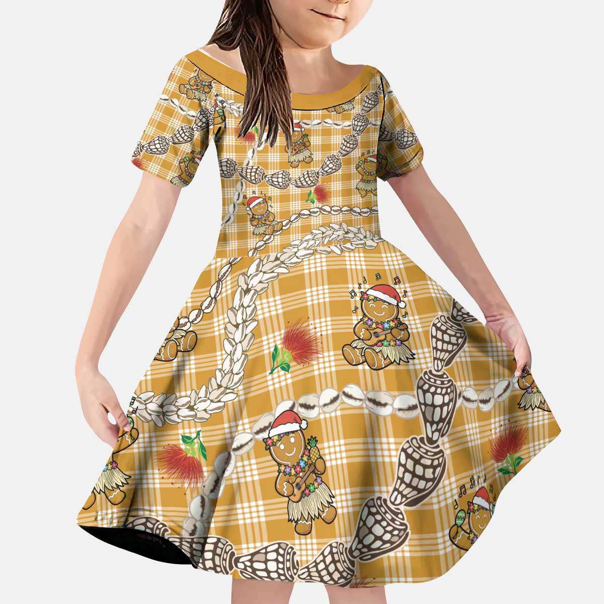 Gold Palaka Hawaii Mele Kalikimaka Kid Short Sleeve Dress Ohia Lehua Shell Leis Funny Gingerbread Santa LT14 KID Gold - Polynesian Pride