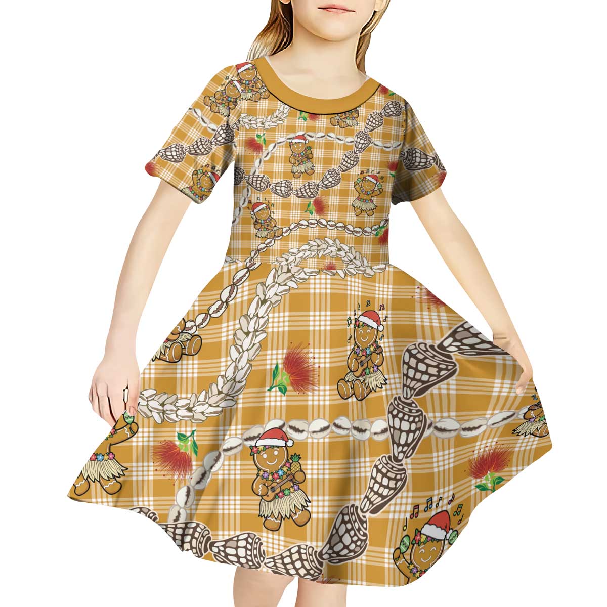Gold Palaka Hawaii Mele Kalikimaka Kid Short Sleeve Dress Ohia Lehua Shell Leis Funny Gingerbread Santa LT14 - Polynesian Pride