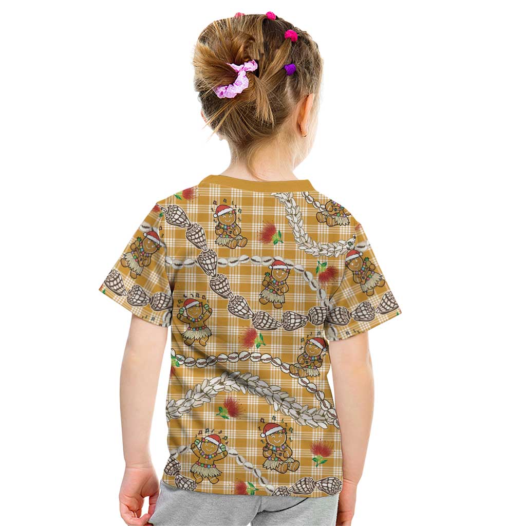 Gold Palaka Hawaii Mele Kalikimaka Kid T Shirt Ohia Lehua Shell Leis Funny Gingerbread Santa LT14 - Polynesian Pride
