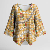 Gold Palaka Hawaii Mele Kalikimaka Kimono Sleeve Blouse Ohia Lehua Shell Leis Funny Gingerbread Santa LT14 Female Gold - Polynesian Pride