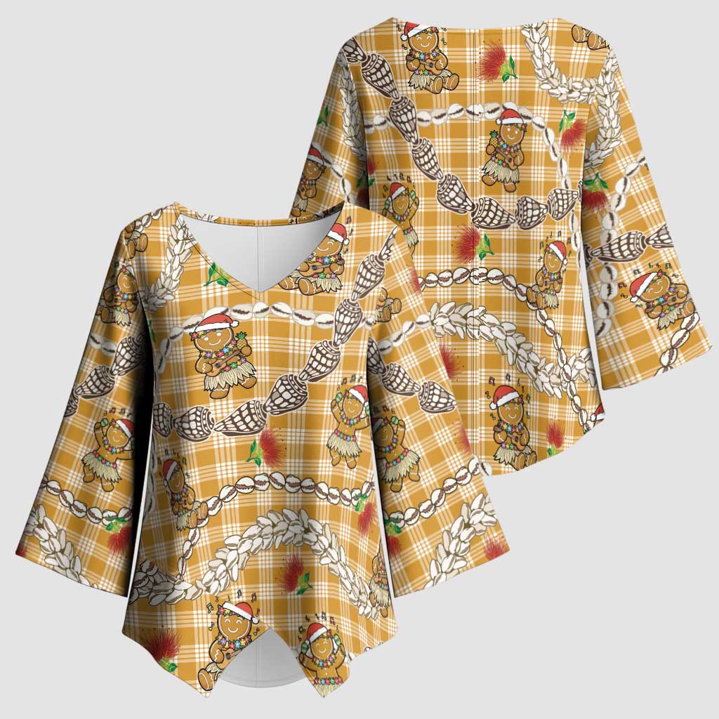 Gold Palaka Hawaii Mele Kalikimaka Kimono Sleeve Blouse Ohia Lehua Shell Leis Funny Gingerbread Santa LT14 - Polynesian Pride