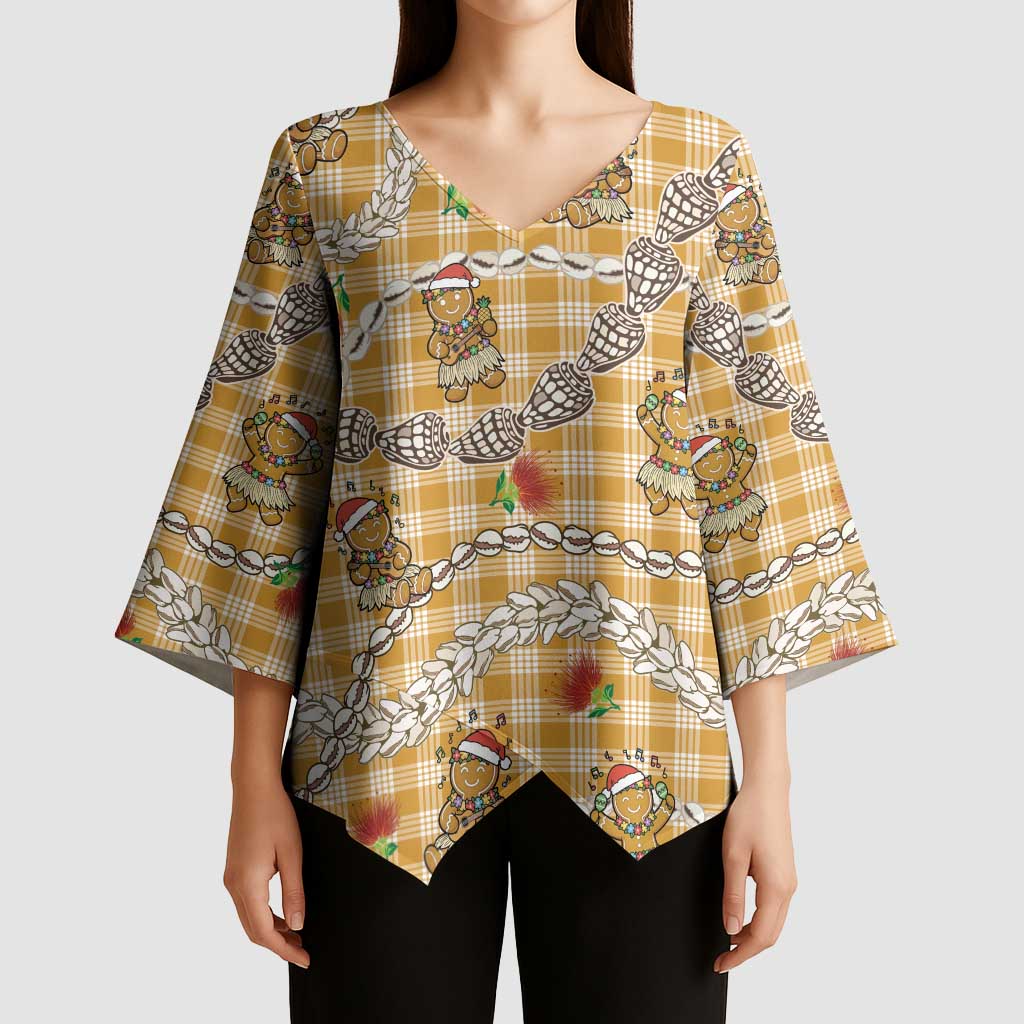 Gold Palaka Hawaii Mele Kalikimaka Kimono Sleeve Blouse Ohia Lehua Shell Leis Funny Gingerbread Santa LT14 - Polynesian Pride