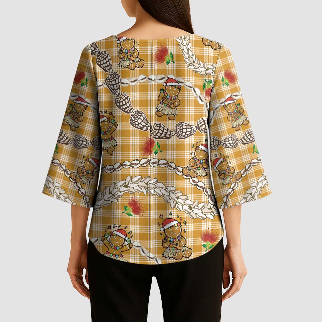 Gold Palaka Hawaii Mele Kalikimaka Kimono Sleeve Blouse Ohia Lehua Shell Leis Funny Gingerbread Santa LT14 - Polynesian Pride