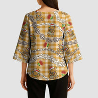 Gold Palaka Hawaii Mele Kalikimaka Kimono Sleeve Blouse Ohia Lehua Shell Leis Funny Gingerbread Santa LT14 - Polynesian Pride