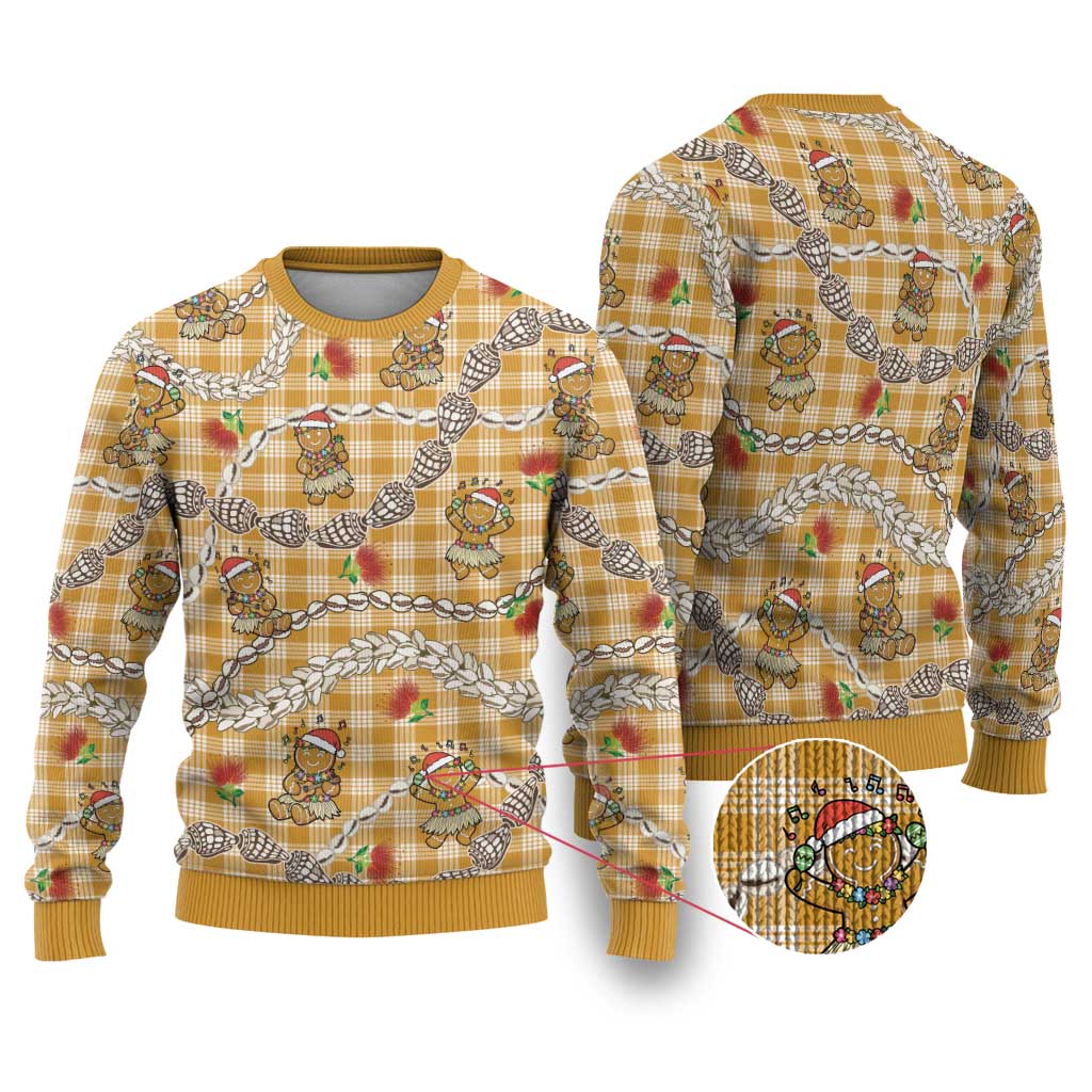Gold Palaka Hawaii Mele Kalikimaka Ugly Christmas Sweater Ohia Lehua Shell Leis Funny Gingerbread Santa - Polynesian Pride