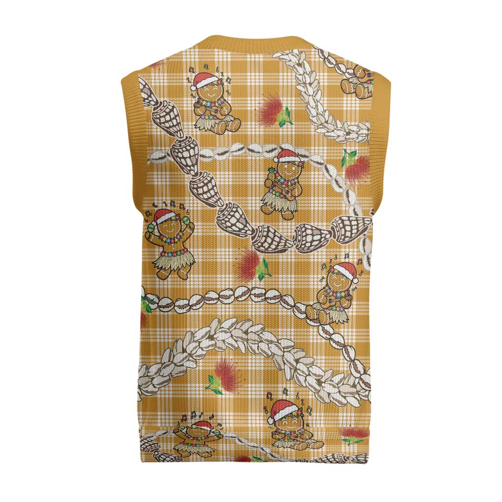 Gold Palaka Hawaii Mele Kalikimaka Christmas Knitted V-Neck Vest Ohia Lehua Shell Leis Funny Gingerbread Santa LT14 - Polynesian Pride