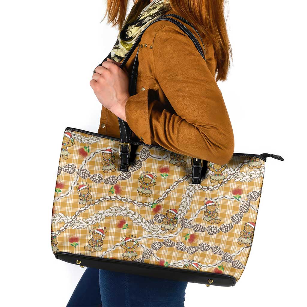 Gold Palaka Hawaii Mele Kalikimaka Leather Tote Bag Ohia Lehua Shell Leis Funny Gingerbread Santa LT14 Gold - Polynesian Pride