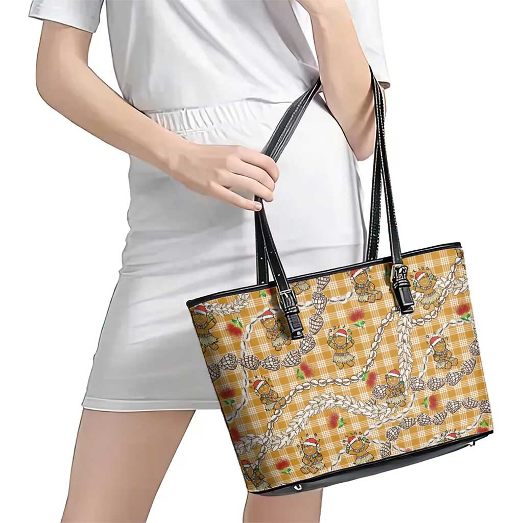 Gold Palaka Hawaii Mele Kalikimaka Leather Tote Bag Ohia Lehua Shell Leis Funny Gingerbread Santa LT14 - Polynesian Pride