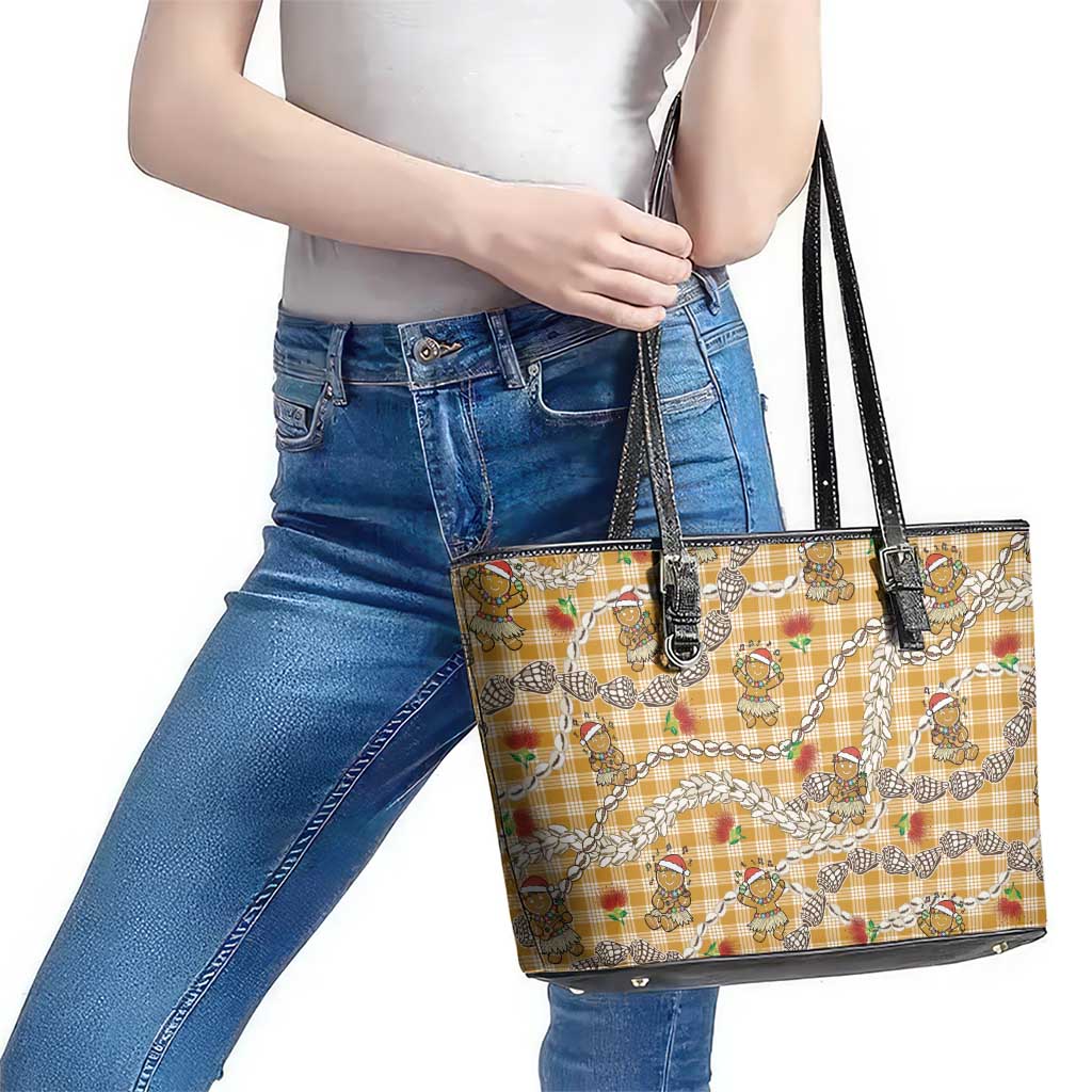 Gold Palaka Hawaii Mele Kalikimaka Leather Tote Bag Ohia Lehua Shell Leis Funny Gingerbread Santa LT14 - Polynesian Pride