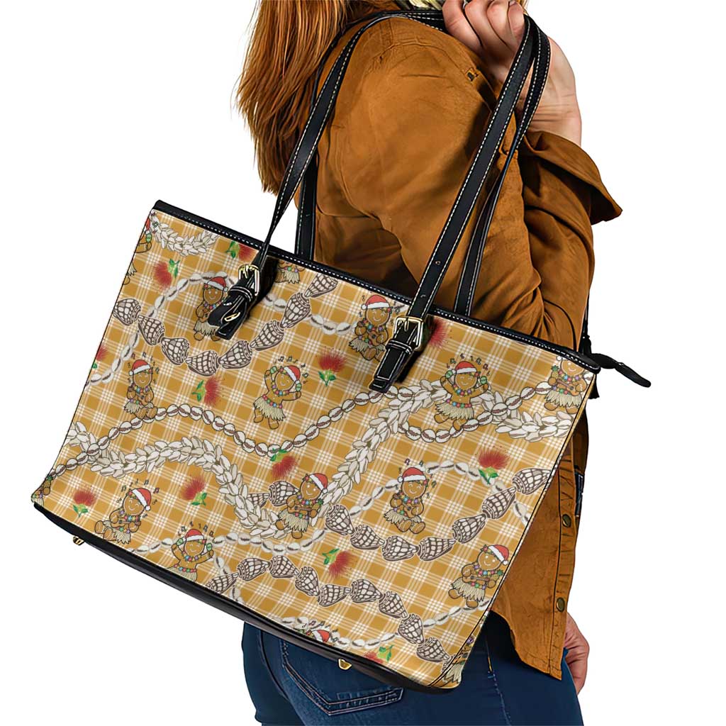 Gold Palaka Hawaii Mele Kalikimaka Leather Tote Bag Ohia Lehua Shell Leis Funny Gingerbread Santa LT14 - Polynesian Pride