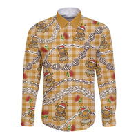 Gold Palaka Hawaii Mele Kalikimaka Long Sleeve Button Shirt Ohia Lehua Shell Leis Funny Gingerbread Santa - Polynesian Pride