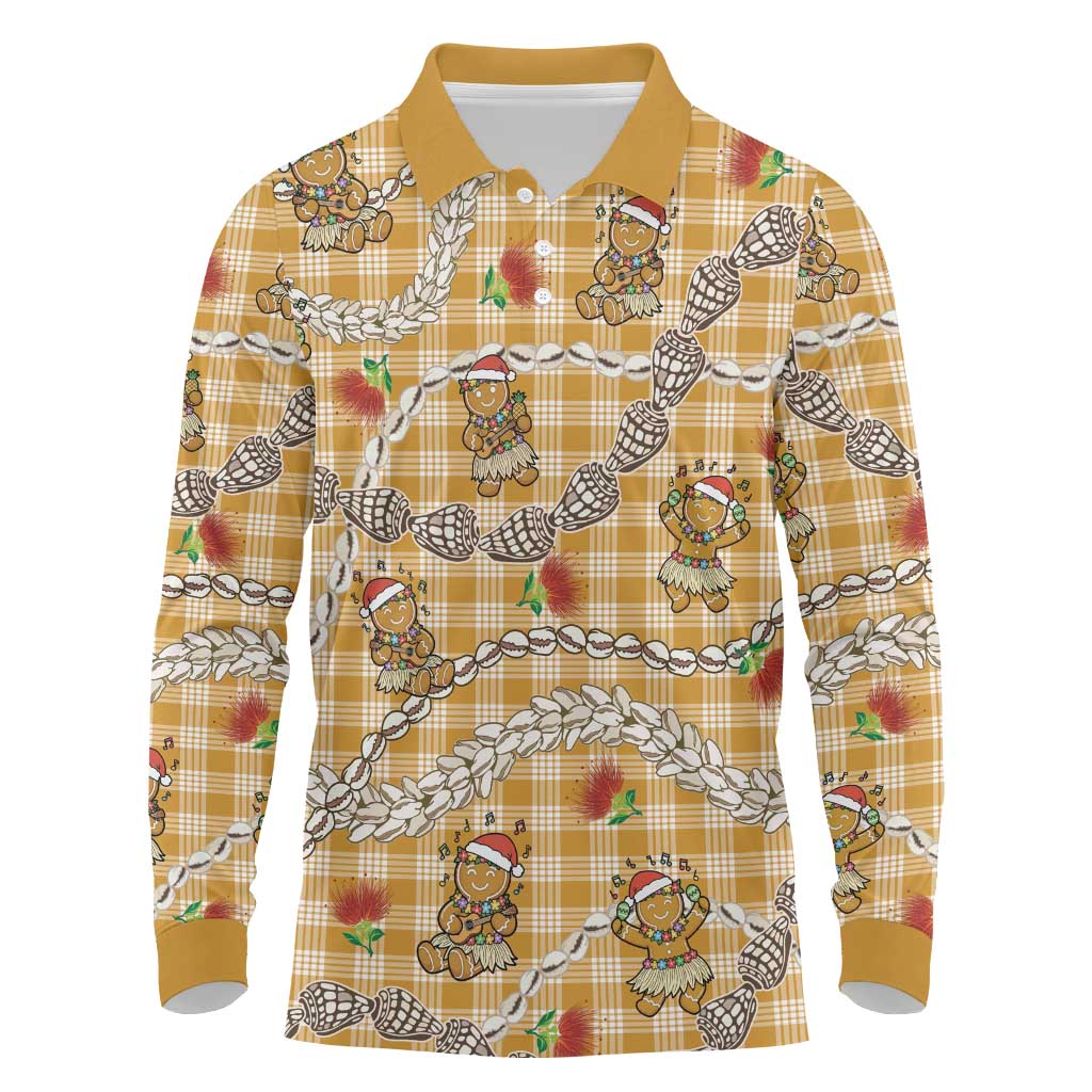 Gold Palaka Hawaii Mele Kalikimaka Long Sleeve Polo Shirt Ohia Lehua Shell Leis Funny Gingerbread Santa LT14 Gold - Polynesian Pride