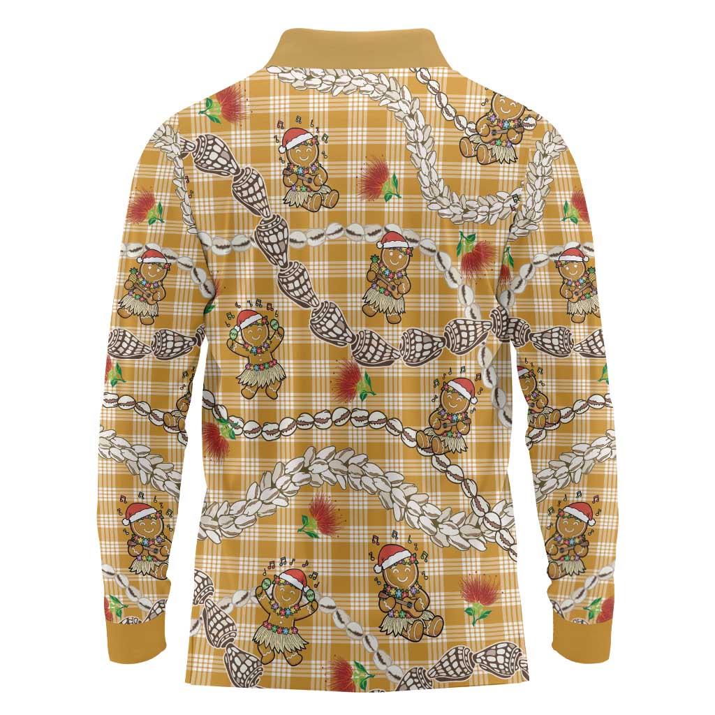 Gold Palaka Hawaii Mele Kalikimaka Long Sleeve Polo Shirt Ohia Lehua Shell Leis Funny Gingerbread Santa LT14 - Polynesian Pride