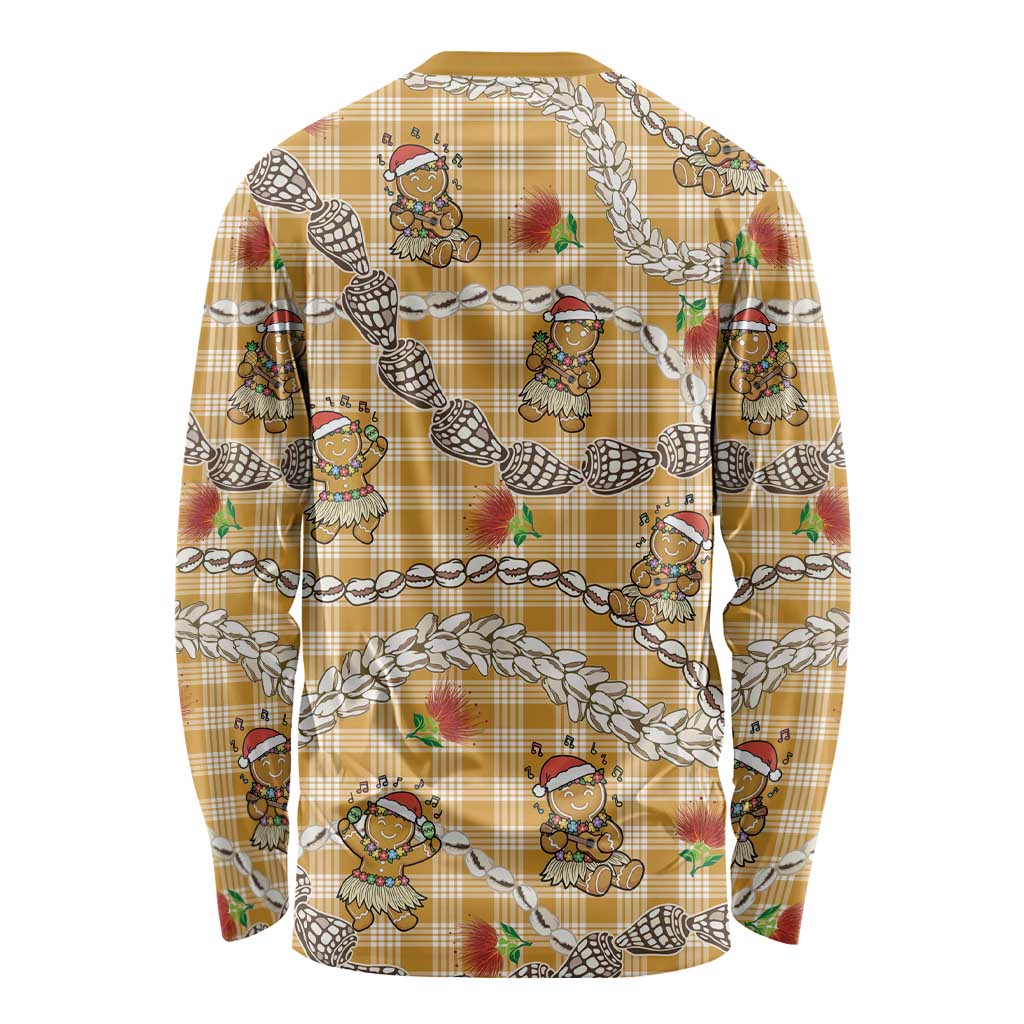 Gold Palaka Hawaii Mele Kalikimaka Long Sleeve Shirt Ohia Lehua Shell Leis Funny Gingerbread Santa LT14 - Polynesian Pride