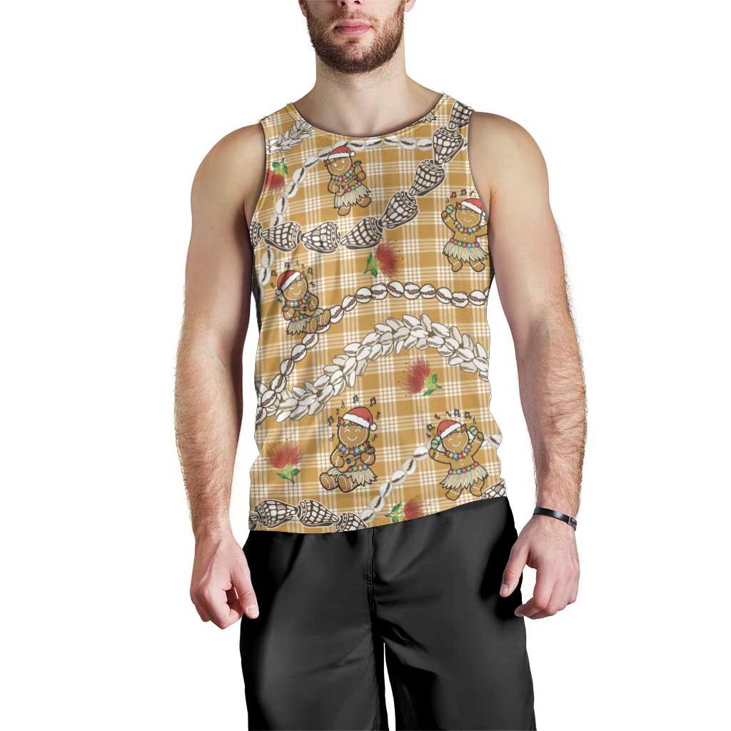 Gold Palaka Hawaii Mele Kalikimaka Men Tank Top Ohia Lehua Shell Leis Funny Gingerbread Santa LT14 - Polynesian Pride