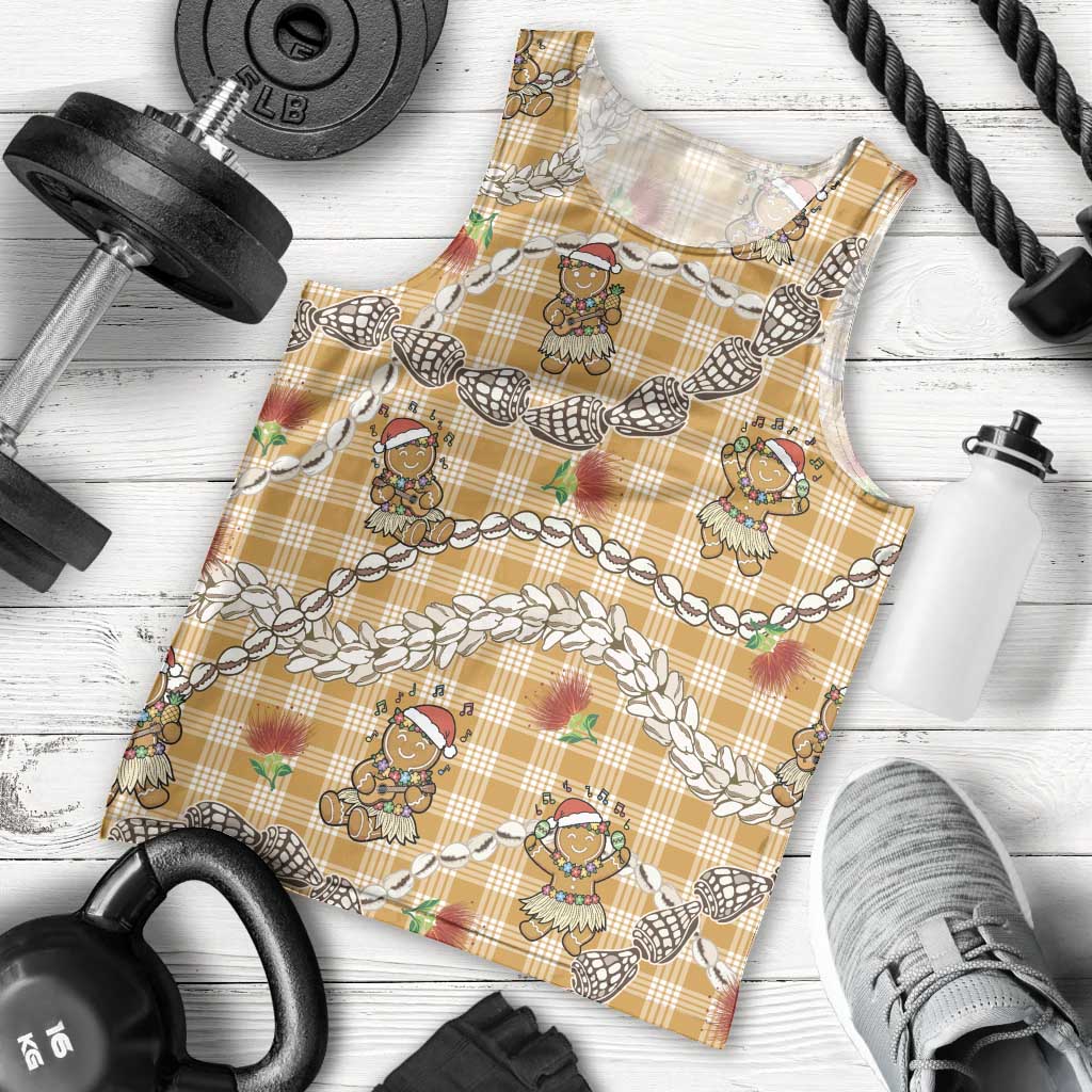 Gold Palaka Hawaii Mele Kalikimaka Men Tank Top Ohia Lehua Shell Leis Funny Gingerbread Santa LT14 - Polynesian Pride