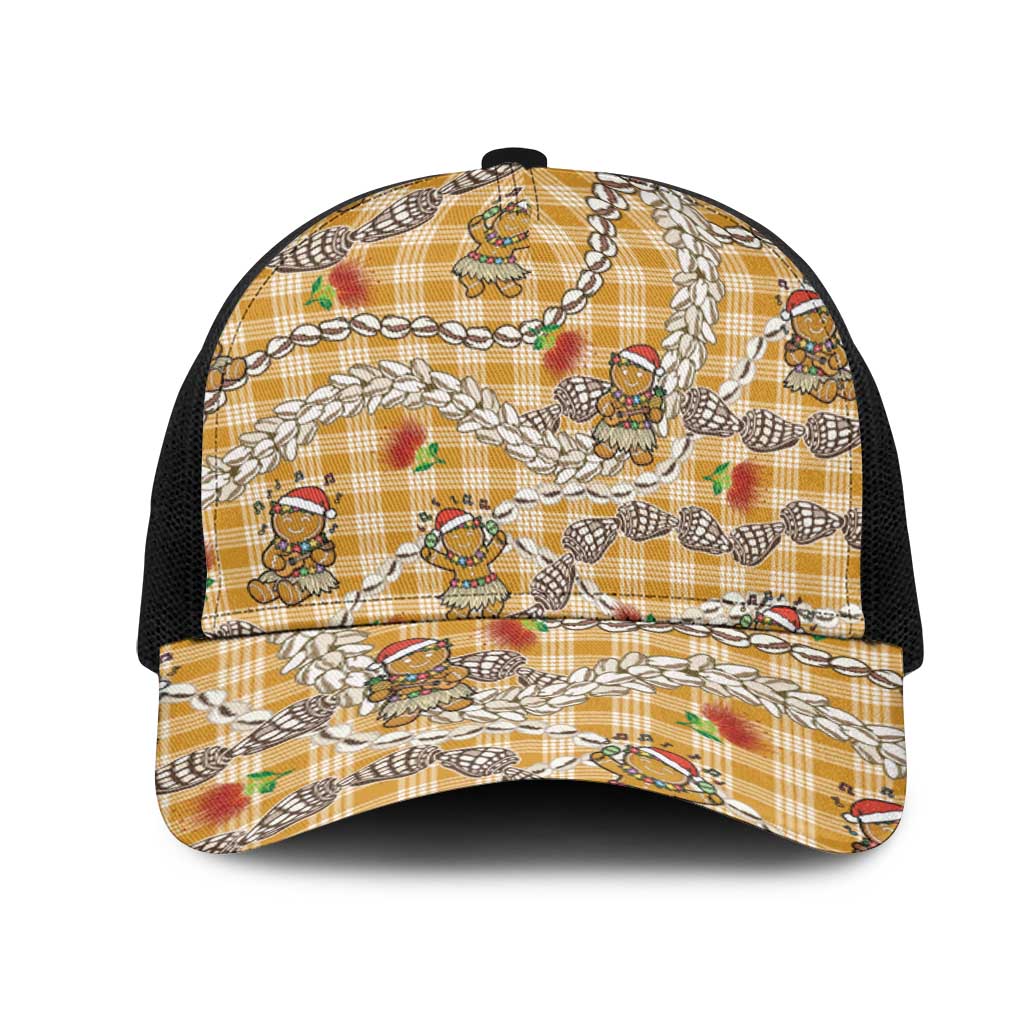 Gold Palaka Hawaii Mele Kalikimaka Mesh Trucker Cap Ohia Lehua Shell Leis Funny Gingerbread Santa - Polynesian Pride