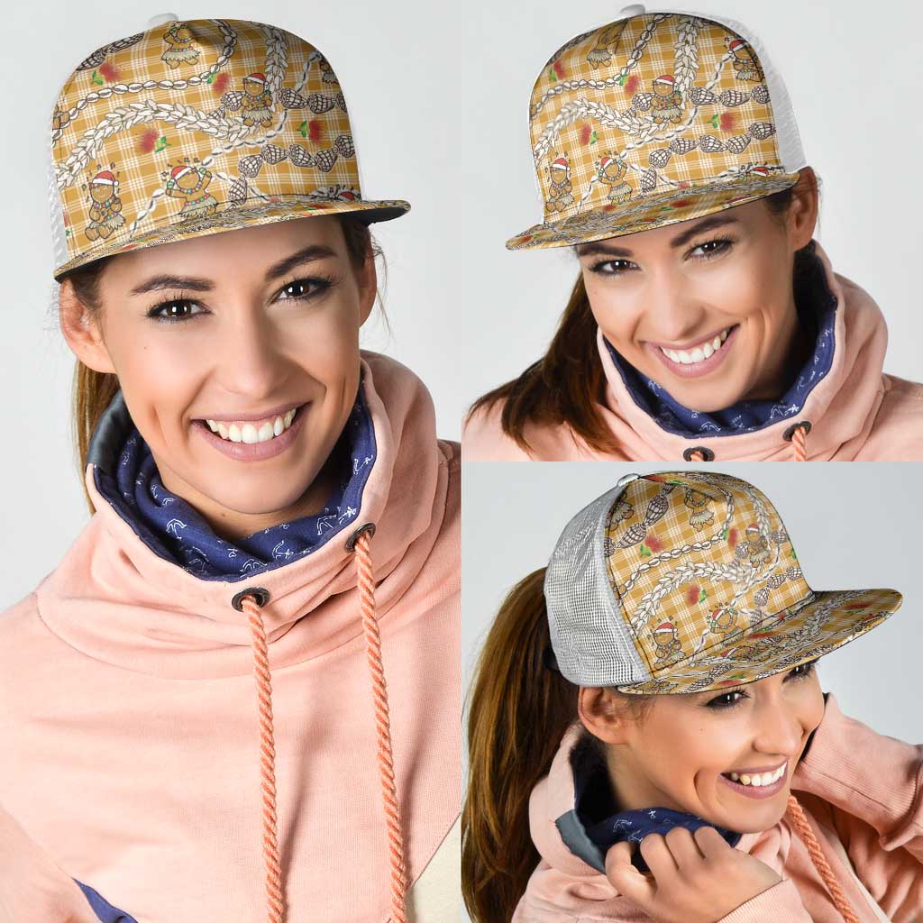 Gold Palaka Hawaii Mele Kalikimaka Mesh Trucker Cap Ohia Lehua Shell Leis Funny Gingerbread Santa - Polynesian Pride
