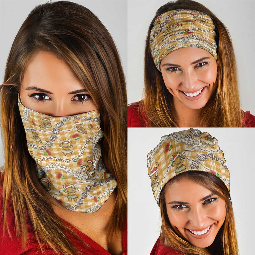 Gold Palaka Hawaii Mele Kalikimaka Neck Gaiter Ohia Lehua Shell Leis Funny Gingerbread Santa - Polynesian Pride
