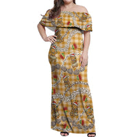 Gold Palaka Hawaii Mele Kalikimaka Off Shoulder Maxi Dress Ohia Lehua Shell Leis Funny Gingerbread Santa LT14 Women Gold - Polynesian Pride