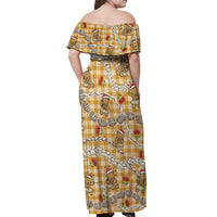 Gold Palaka Hawaii Mele Kalikimaka Off Shoulder Maxi Dress Ohia Lehua Shell Leis Funny Gingerbread Santa LT14 - Polynesian Pride