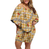 Gold Palaka Hawaii Mele Kalikimaka Off Shoulder Short Dress Ohia Lehua Shell Leis Funny Gingerbread Santa LT14 Women Gold - Polynesian Pride