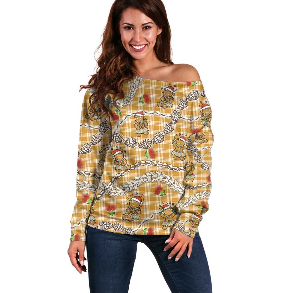 Gold Palaka Hawaii Mele Kalikimaka Off Shoulder Sweater Ohia Lehua Shell Leis Funny Gingerbread Santa - Polynesian Pride