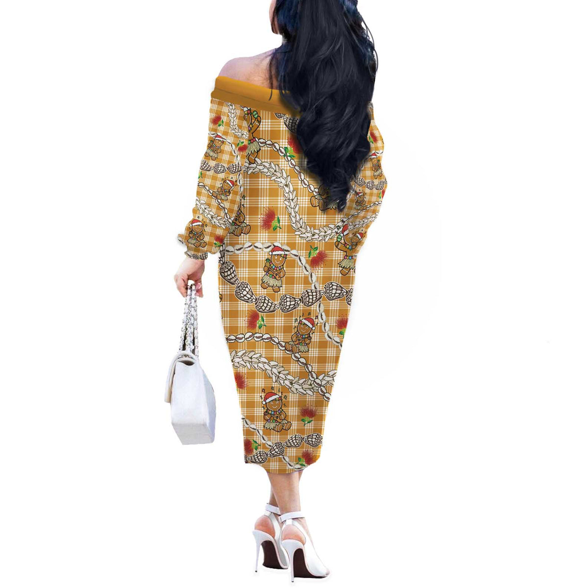 Gold Palaka Hawaii Mele Kalikimaka Off The Shoulder Long Sleeve Dress Ohia Lehua Shell Leis Funny Gingerbread Santa LT14 - Polynesian Pride