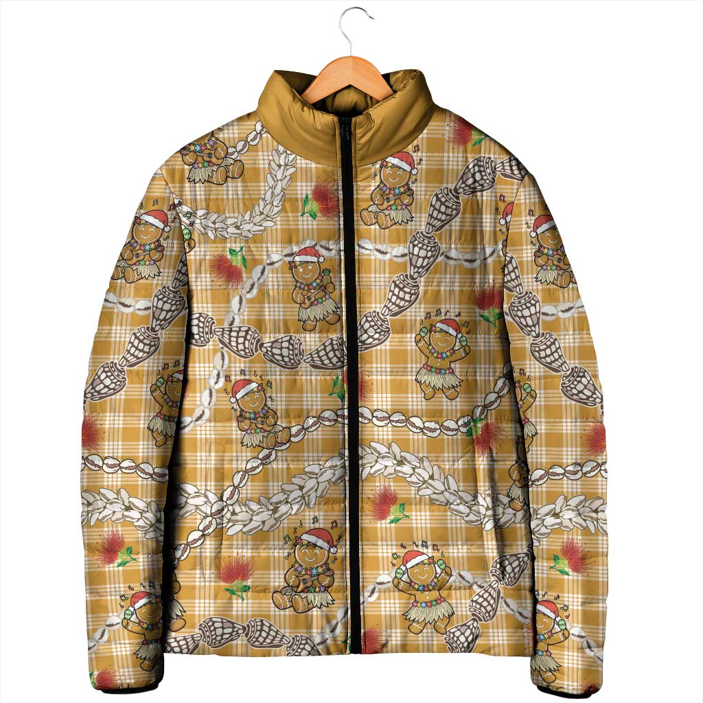 Gold Palaka Hawaii Mele Kalikimaka Padded Jacket Ohia Lehua Shell Leis Funny Gingerbread Santa - Polynesian Pride