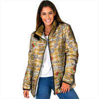 Gold Palaka Hawaii Mele Kalikimaka Padded Jacket Ohia Lehua Shell Leis Funny Gingerbread Santa - Polynesian Pride