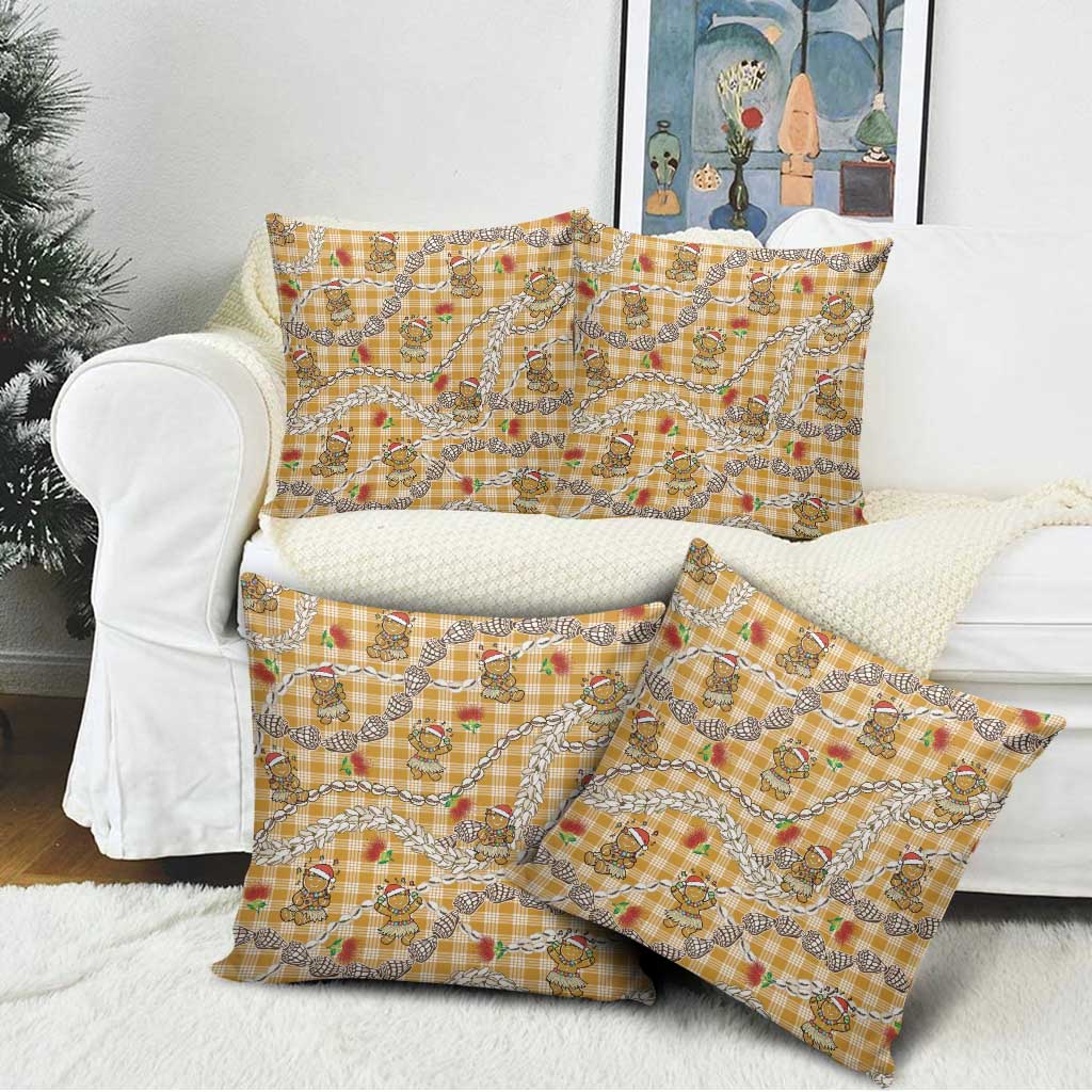 Gold Palaka Hawaii Mele Kalikimaka Pillow Cover Ohia Lehua Shell Leis Funny Gingerbread Santa - Polynesian Pride